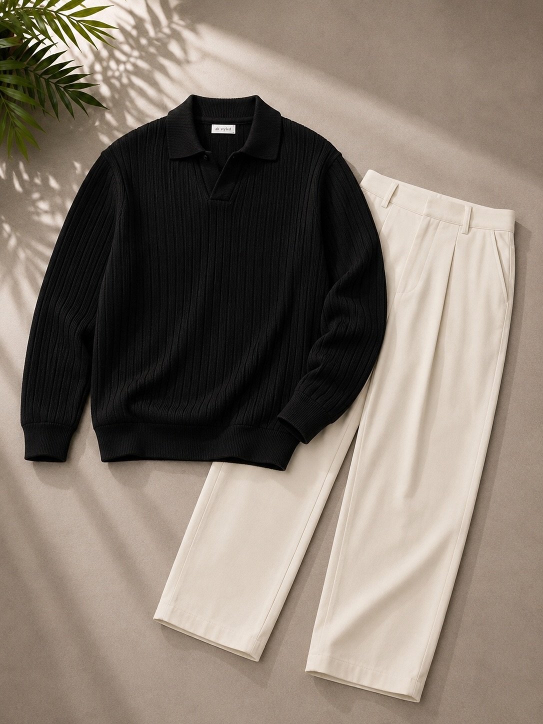 Men's Premium Brown Ribbed Polo Sweater & Off-White Straight Fit Trouser Combo - Image 4