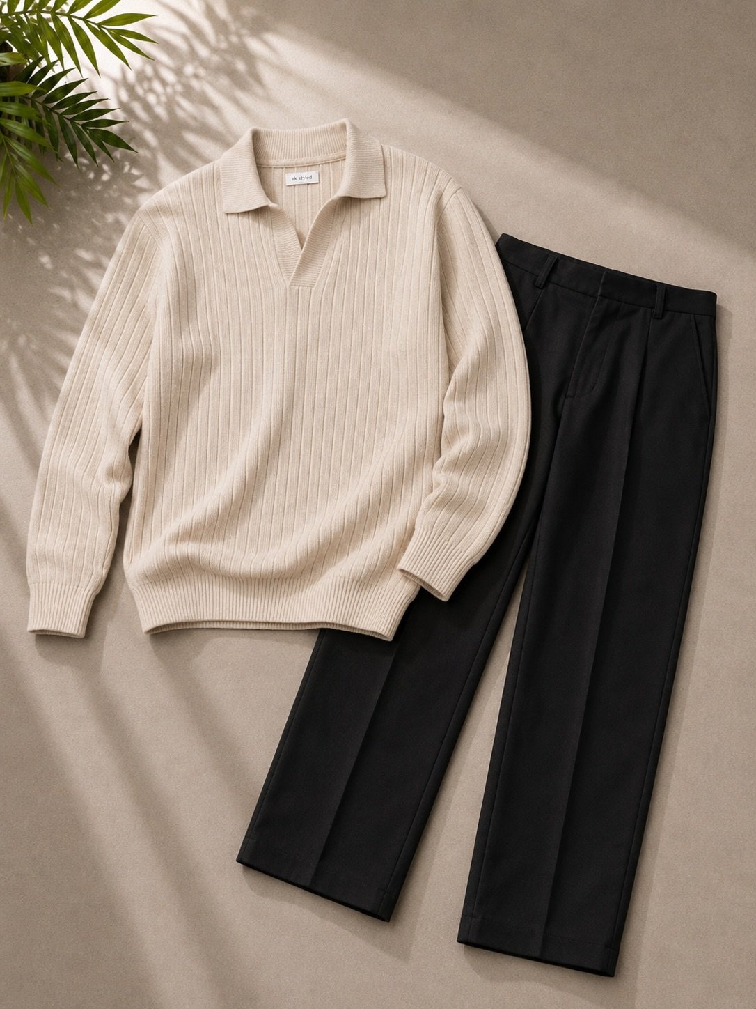 Men's Premium Brown Ribbed Polo Sweater & Off-White Straight Fit Trouser Combo - Image 3
