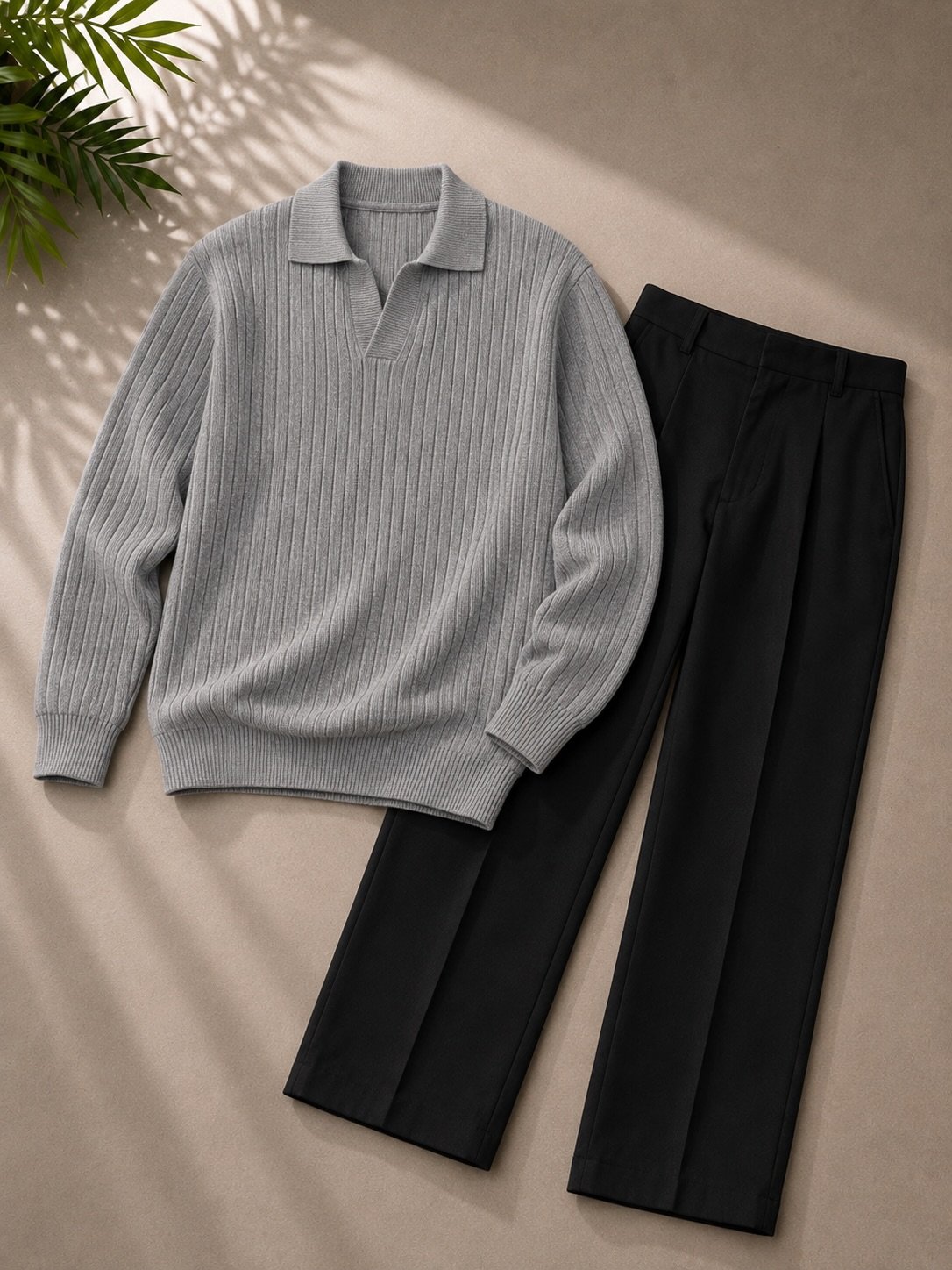 Men's Premium Brown Ribbed Polo Sweater & Off-White Straight Fit Trouser Combo - Image 2