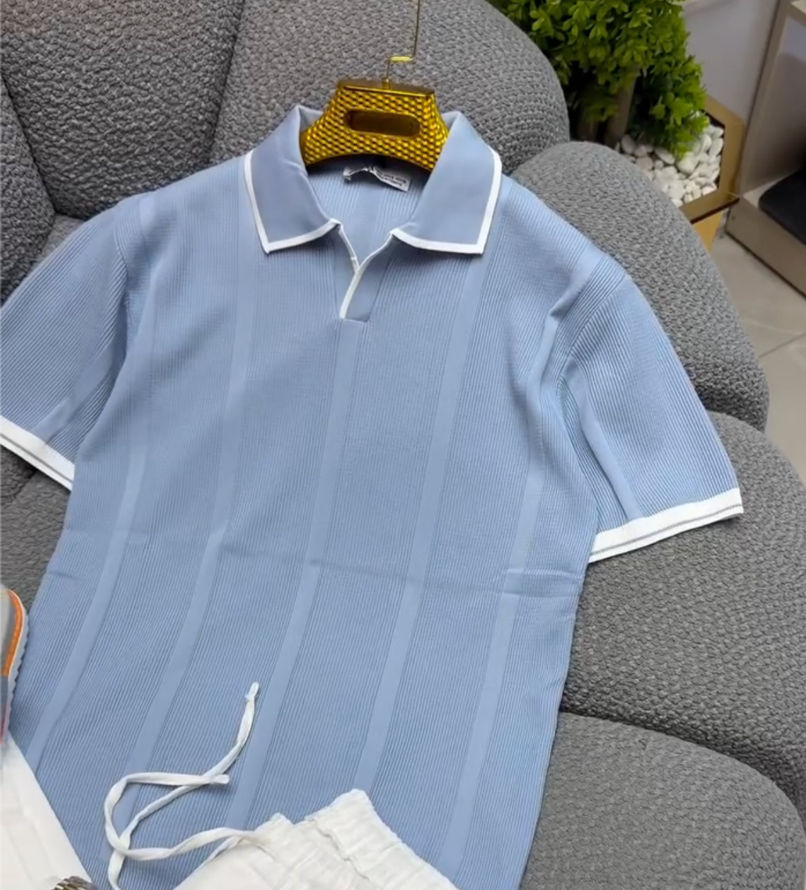 Men's Premium Sky Blue Ribbed Polo T-Shirt & White Straight-Fit Trouser Combo | Smart Casual Summer Outfit - Image 4