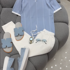 Men's Premium Sky Blue Ribbed Polo T-Shirt & White Straight-Fit Trouser Combo | Smart Casual Summer Outfit