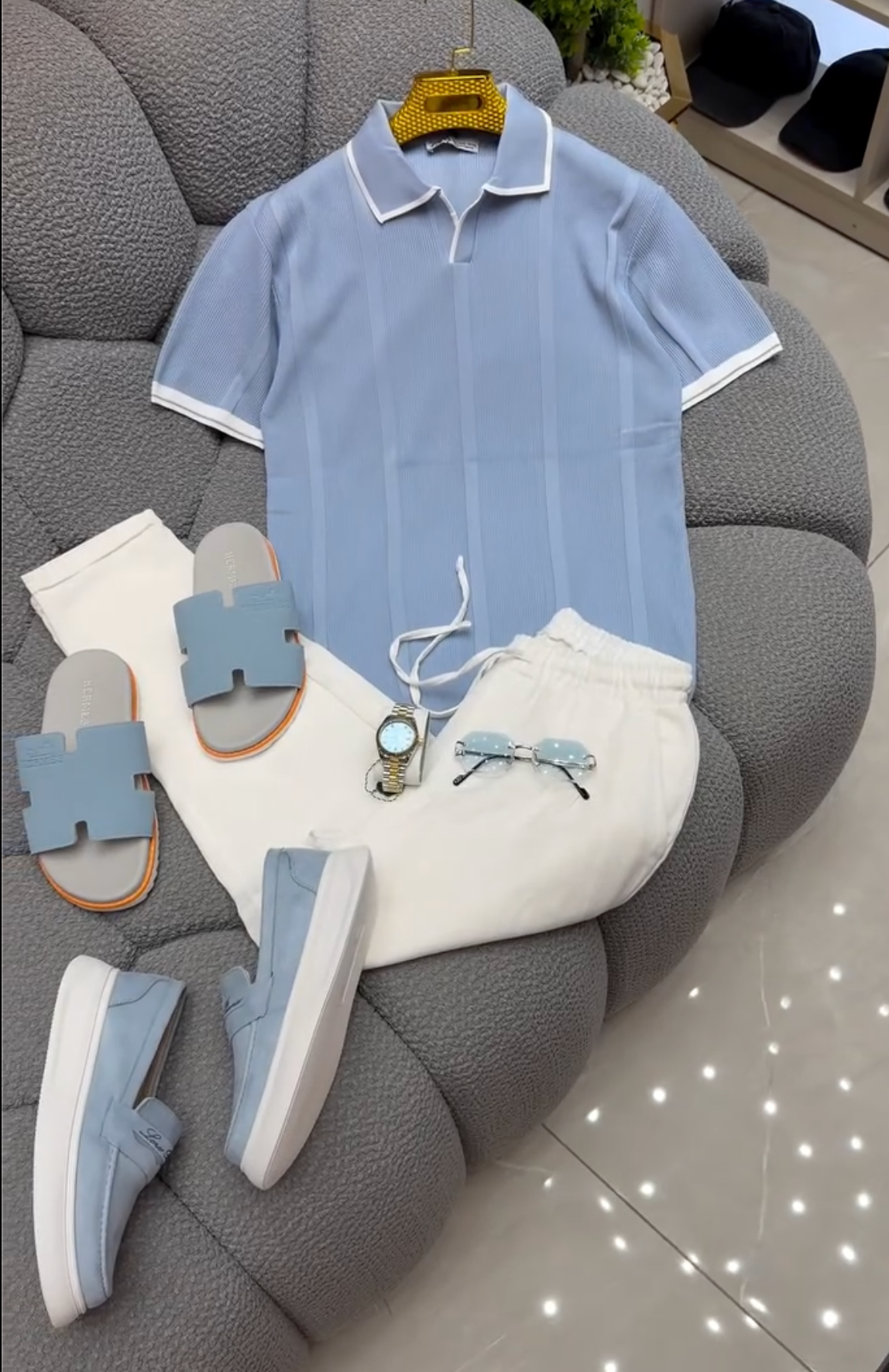 Men's Premium Sky Blue Ribbed Polo T-Shirt & White Straight-Fit Trouser Combo | Smart Casual Summer Outfit