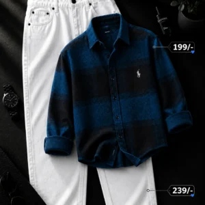 Men's Premium Navy Blue Checkered Full Sleeve Shirt & White Straight-Fit Denim Combo | Smart Casual Outfit